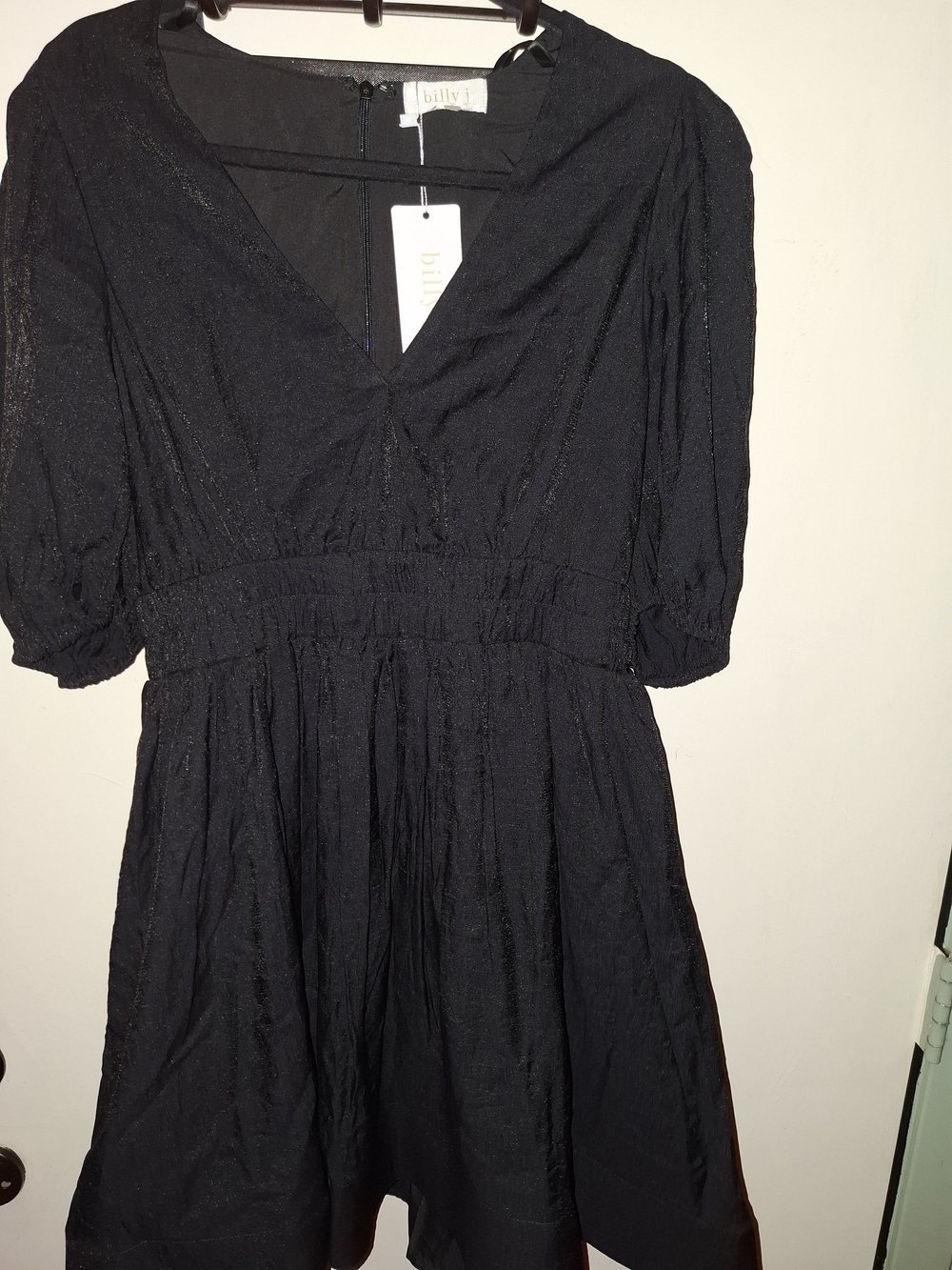 billy j Women’s 12 Black Solid Erin Mini Dress V-Neck 3/4 Sleeve Zip